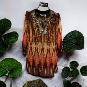 Chico's Textured Gauze Embellished Tunic Sz 1 Top Blouse